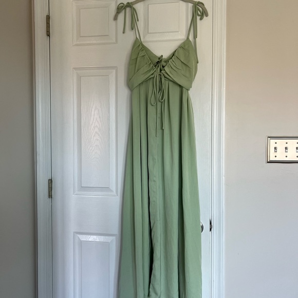 Lulus Confidence Check Sage Green Satin Tie-Back Maxi Dress - Picture 2 of 5